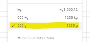 Seleccionar formato en gramos.