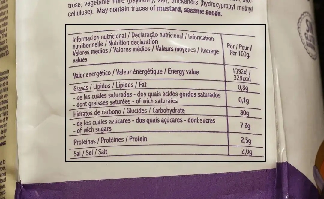 Airos preparado pan sin gluten información nutricional